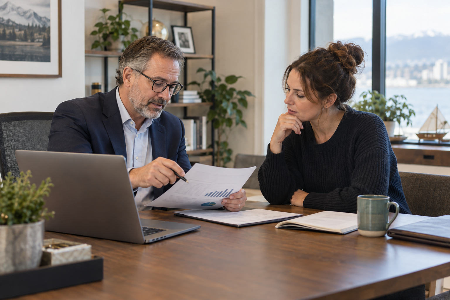 Advisor and business owner reviewing a report together