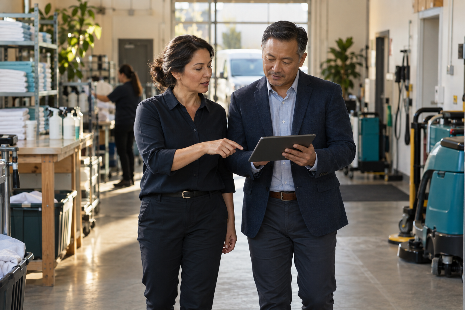 Prospective buyer and owner reviewing a business during a facility visit