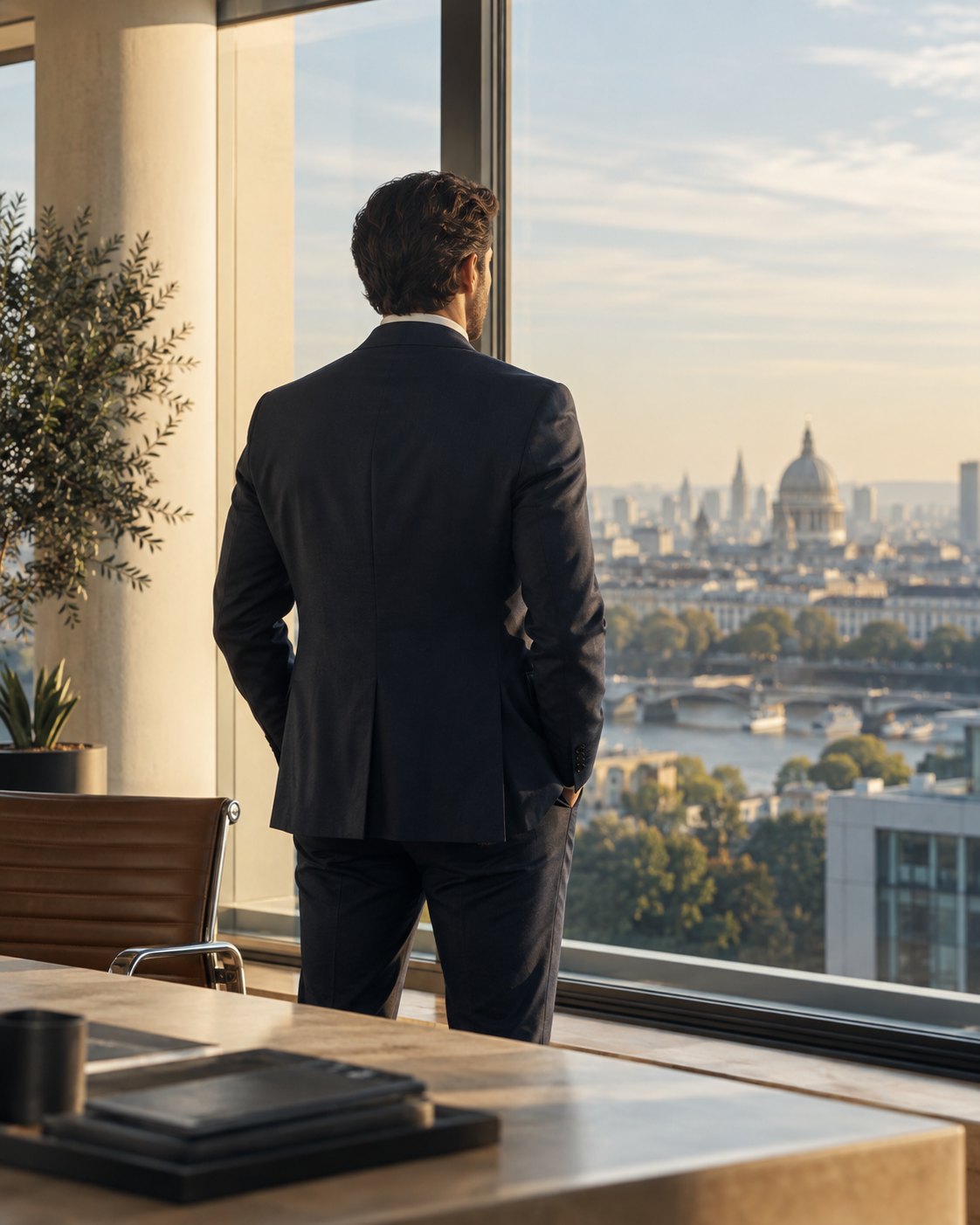 Professional looking ahead from a bright architectural office