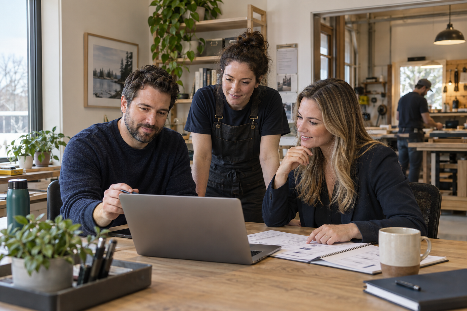 Small-business team reviewing a workflow with an operations consultant